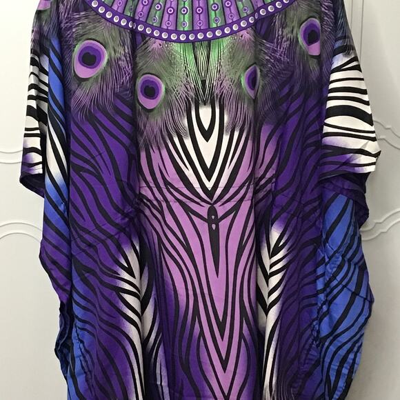 JOVIE Indigo Peacock V-Neck Kaftan With Drawstring Waist Tie-One Size Fits Most - Picture 4 of 4